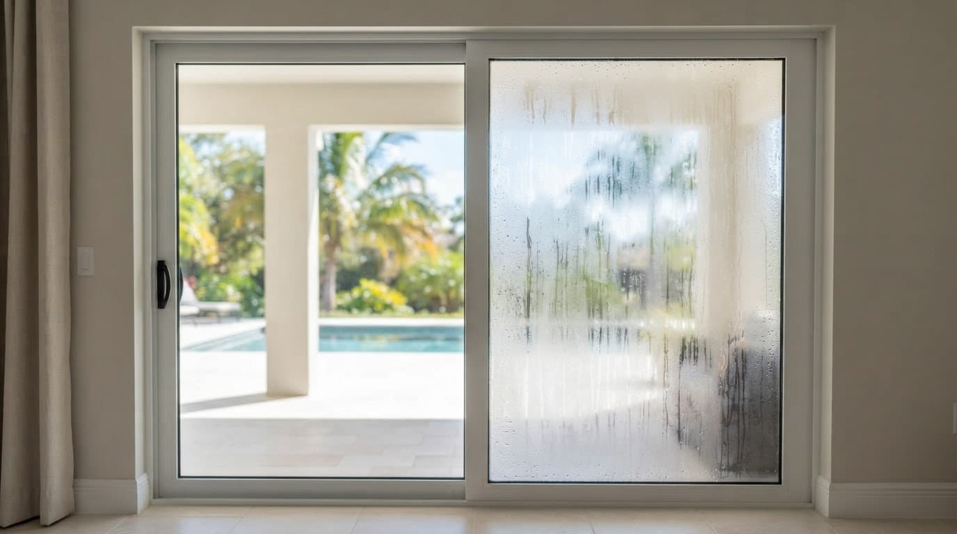 Sliding glass door with one foggy pane and one clear pane.