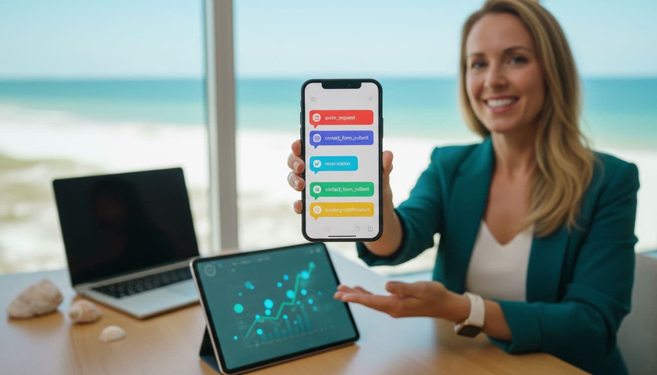 Photorealistic scene of a smiling business owner in a Fort Myers beachside office checking smartphone notifications for conversion events like quote requests and reservations, with blurred GA4 Realtime report graphs on a nearby tablet and gulf water view.