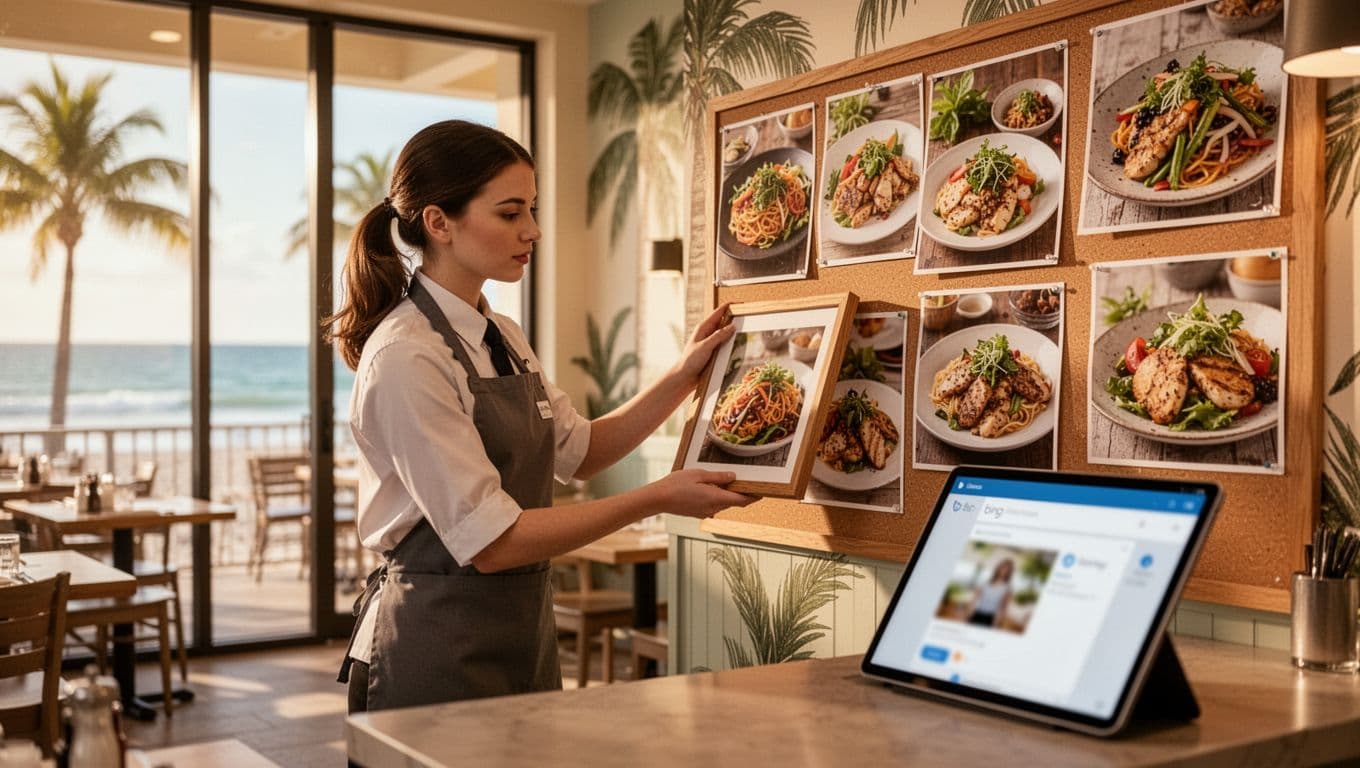 Realistic photo of a young server in a Fort Myers beachside restaurant interior, arranging fresh dish photos on a community board near the entrance, with a tablet showing a blurred Bing Places interface and ocean view in the background.