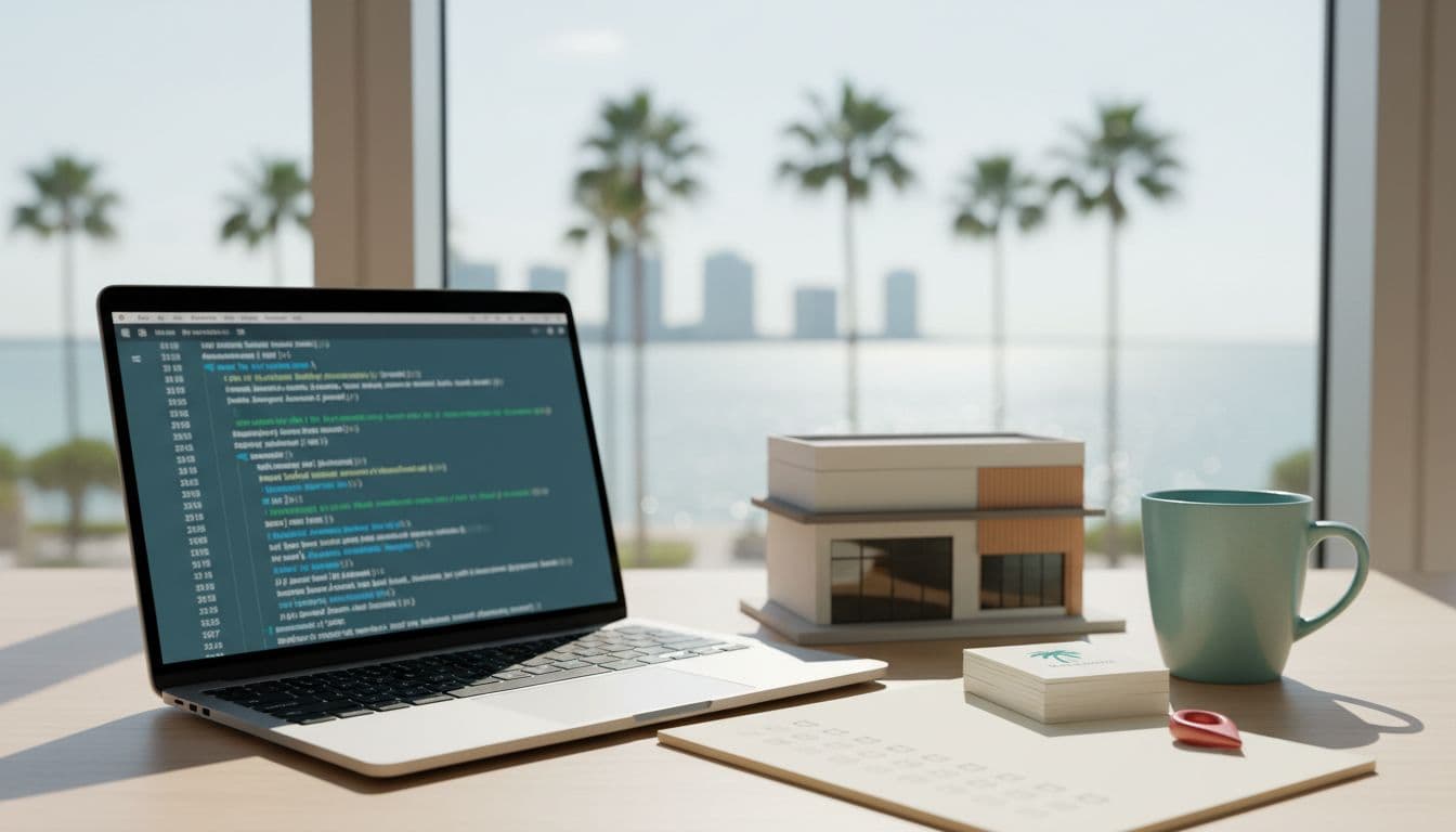 Photorealistic high-resolution landscape image of a modern desk featuring an open laptop with blurred JSON schema markup code, notepad checklists, Fort Myers business cards, and map pin, set against a subtle waterfront skyline with palm trees and gulf waters.