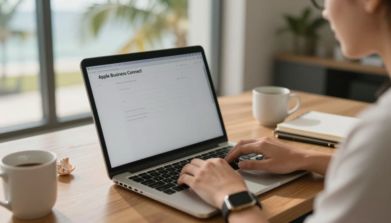 A Fort Myers business owner at a desk in a sunny office with palm views uses a laptop to set up Apple Business Connect, with simple generic form fields on screen. Professional setup includes warm lighting, coffee mug, notebook, and coastal Florida seashell decor in photorealistic style.