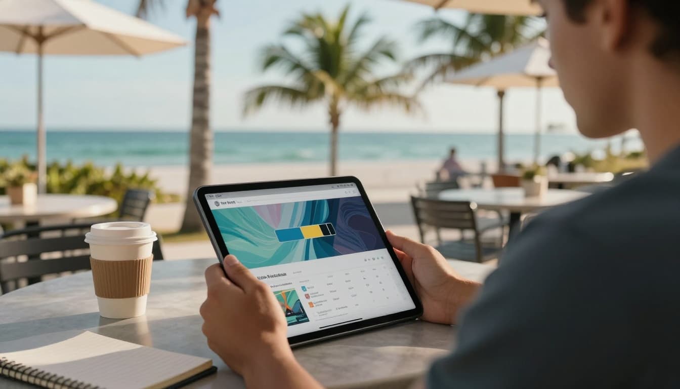 Photo-realistic landscape view of a Fort Myers small business owner at a sunny outdoor cafe table, examining website performance metrics on a tablet with abstract loading animations and vitals icons. Blurred background features palm trees, gulf coast horizon, and beach umbrellas in warm afternoon light with teal ocean tones.