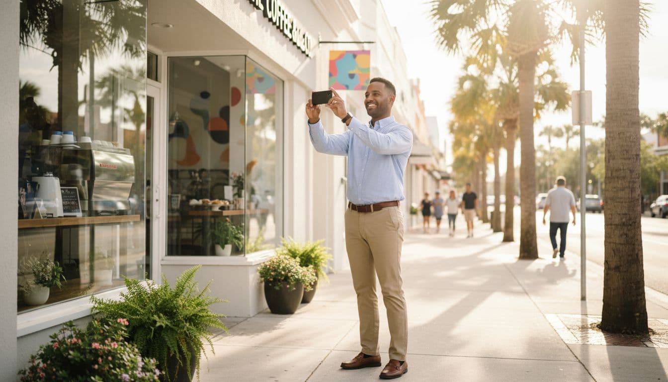 A realistic street-level photo in Fort Myers, Florida, shows a smiling small business owner holding a smartphone to photograph their inviting cafe storefront, with palm trees and downtown architecture in the background.
