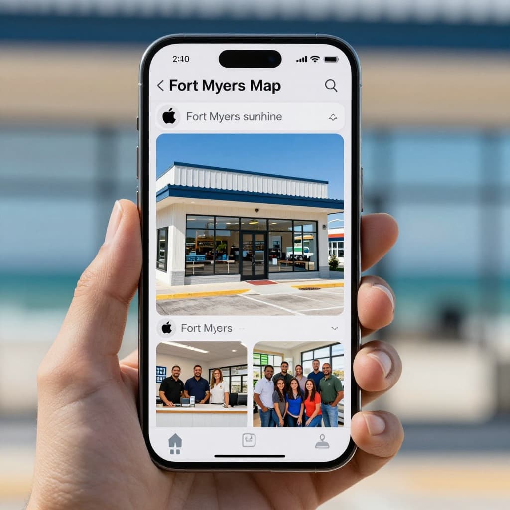 Close-up of a smartphone screen displaying vibrant, high-quality photos of a Fort Myers beachside business storefront in sunshine, interior shop counter, and team photo, held relaxed in one hand with blurred beach background.