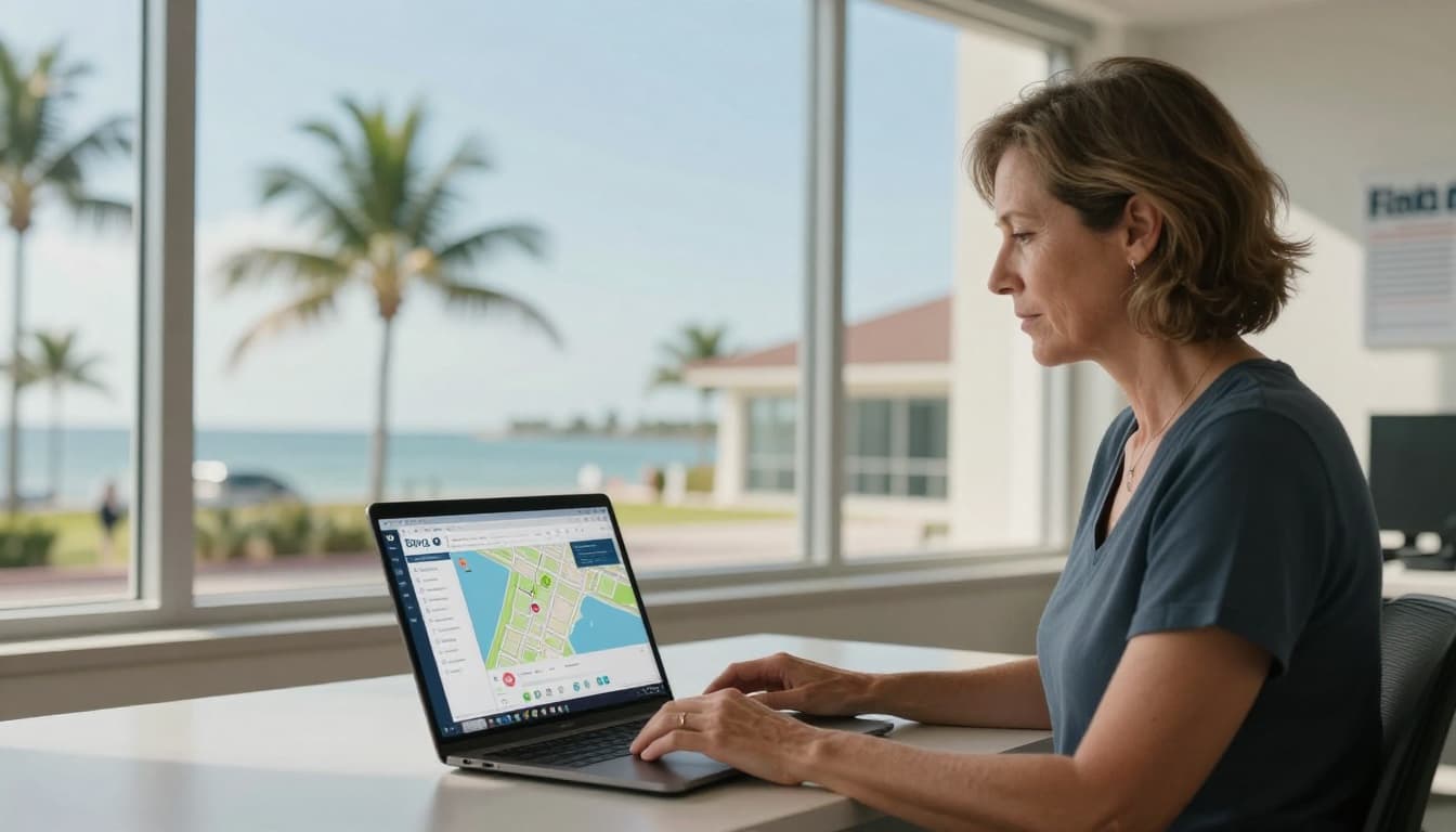 A realistic photo of a middle-aged woman small business owner in Fort Myers, Florida, focused on her laptop displaying Bing Maps in a bright coastal office with palm trees and warm sunlight.