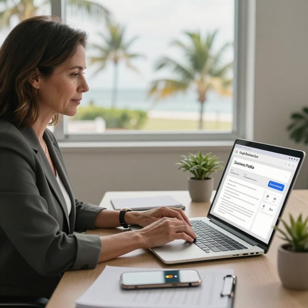 A middle-aged woman business owner in business casual sits in a bright small office in Fort Myers, Florida, focused on reviewing the Google Business Profile Q&A section on her laptop. The professional scene includes desk accessories like a notebook, pen, smartphone notification, and potted palm, with coastal palm trees visible through the window under natural warm lighting.