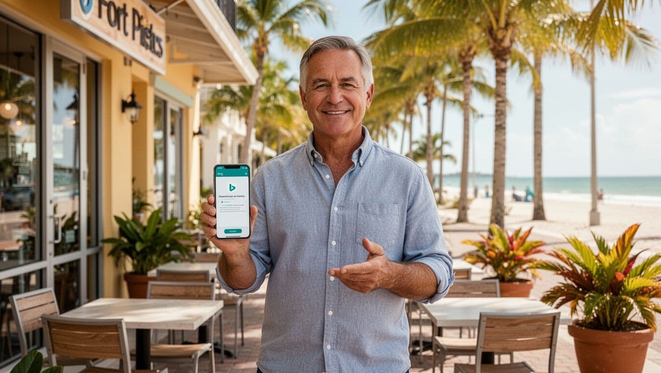 Realistic high-resolution photo of a friendly middle-aged cafe owner standing relaxed in front of a vibrant Fort Myers storefront on a sunny day, holding a smartphone displaying a blurred Bing verification interface. The scene includes palm trees, outdoor tables with tropical plants, and a subtle Gulf Coast beach vibe in soft background focus.