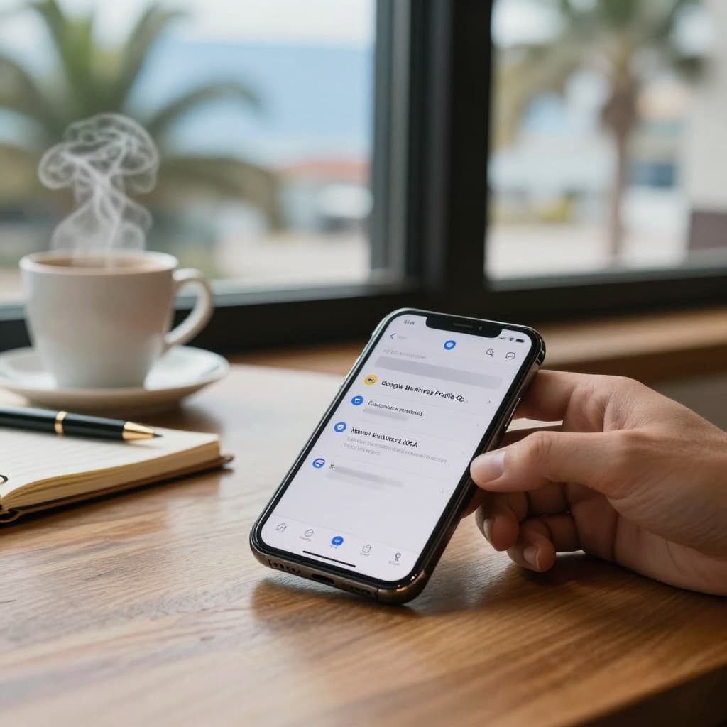 Photo-realistic landscape image of a smartphone on a wooden desk in a Fort Myers cafe, screen angled to show a generic notification for a new Google Business Profile Q&A question with a subtle blurred spam-like query. Partial business owner hand rests nearby, with steaming coffee cup, notebook, pen, and window view of palm fronds and blue sky in bright natural light.