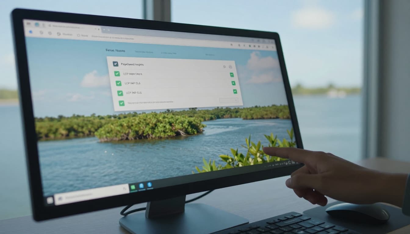 Close-up photo-realistic view of a computer screen in a modern Fort Myers office with mangrove and water backdrop, displaying simplified PageSpeed Insights results with green checkmarks for LCP, INP, and CLS. A hand points loosely at the softly blurred screen, with keyboard and mouse nearby, under soft natural light.
