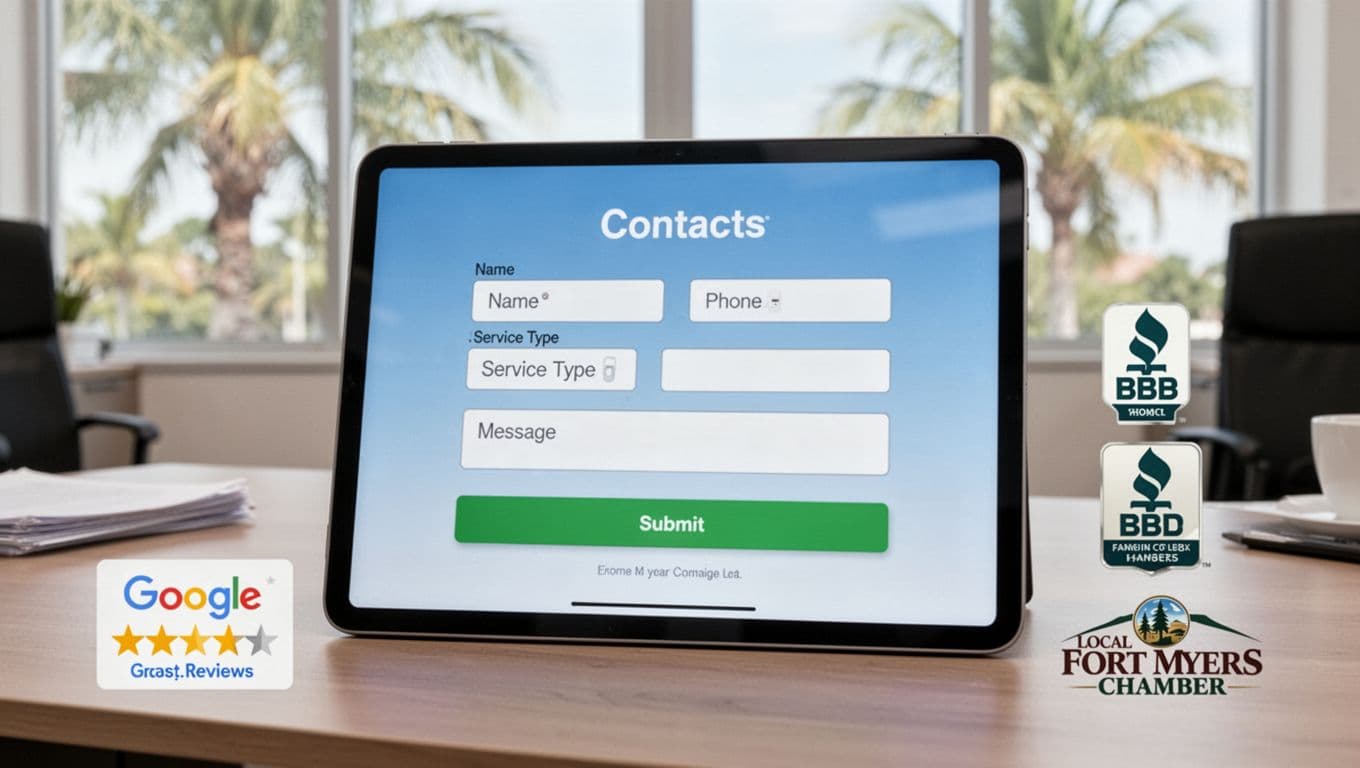 Photo-realistic close-up landscape of a simple contact form on a tablet screen for a local Fort Myers service business, with clean input fields for name, phone, service type, and message, plus a green submit button and abstract trust badges on an office desk with faint palm views.