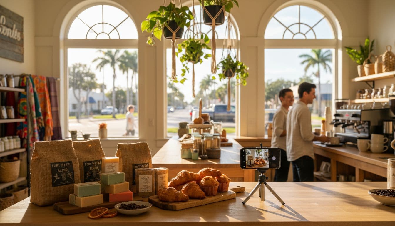 Warm natural daylight fills a cozy Fort Myers boutique shop interior with large windows overlooking a palm-lined street, wooden counters displaying local products like coffee and soaps, and a foreground close-up of products staged for smartphone photography. Blurred background features shelves, hanging plants, coastal decor, and staff, evoking a welcoming, authentic business atmosphere in professional lifestyle style.