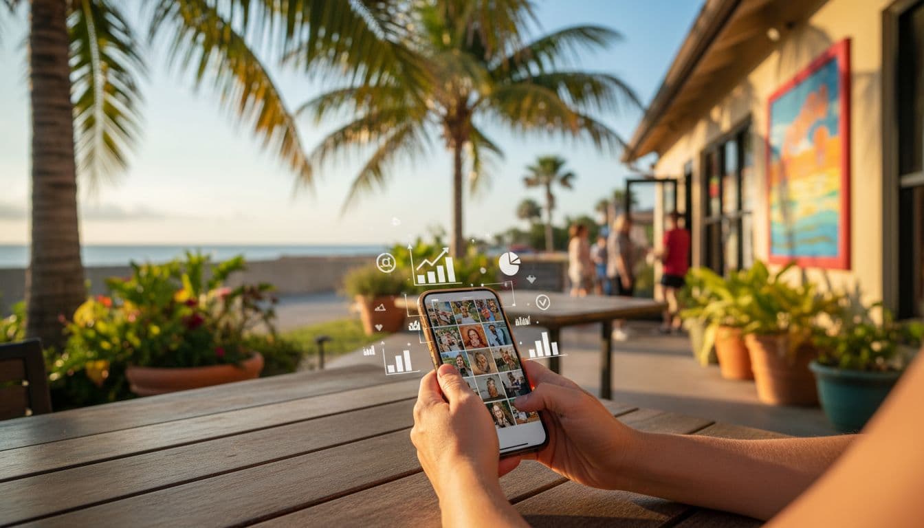 Small business owner scrolls thoughtfully through smartphone displaying business photos and analytics on a wooden table in a Fort Myers outdoor patio under palm fronds during golden hour, with blurred vibrant business exterior in background.