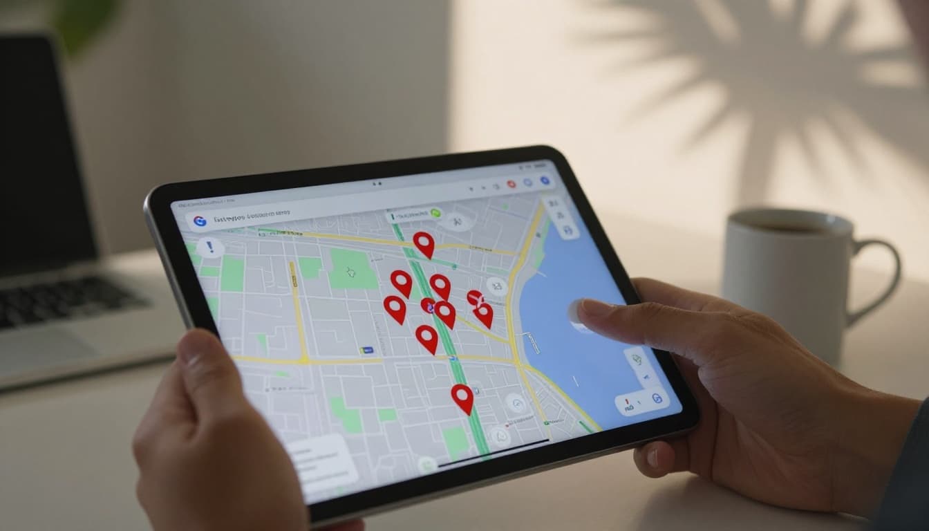 Close-up angled view of a tablet screen displaying a blurred Google Maps of Fort Myers with clustered red suspicious pins and floating icons for fake listings, held gently by hands in a sunlit Florida coastal office.