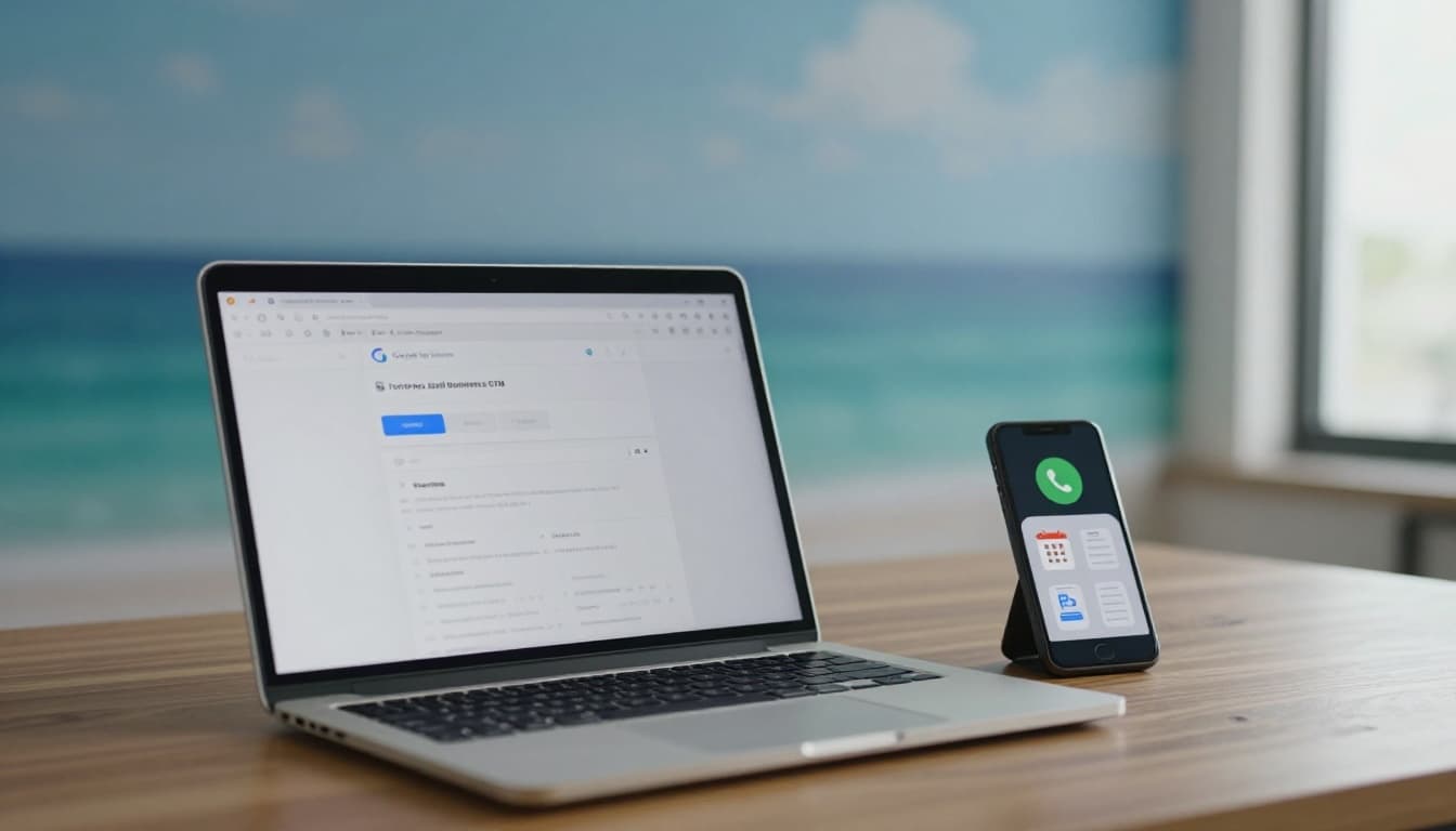 A clean, modern workspace featuring an open laptop displaying a blurred Google Tag Manager dashboard and a smartphone with app icons, set against a subtle Fort Myers coastal background.