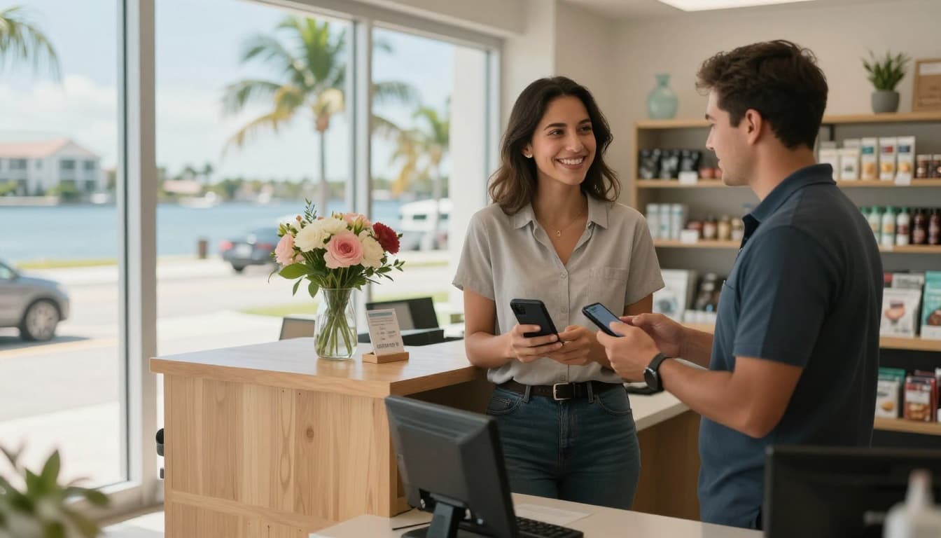 Photorealistic landscape image inside a sunny Fort Myers service business storefront, featuring a happy customer smiling at the counter after service, staff member nearby with phone sending follow-up text, customer checking notification, coastal Florida decor, warm natural light.