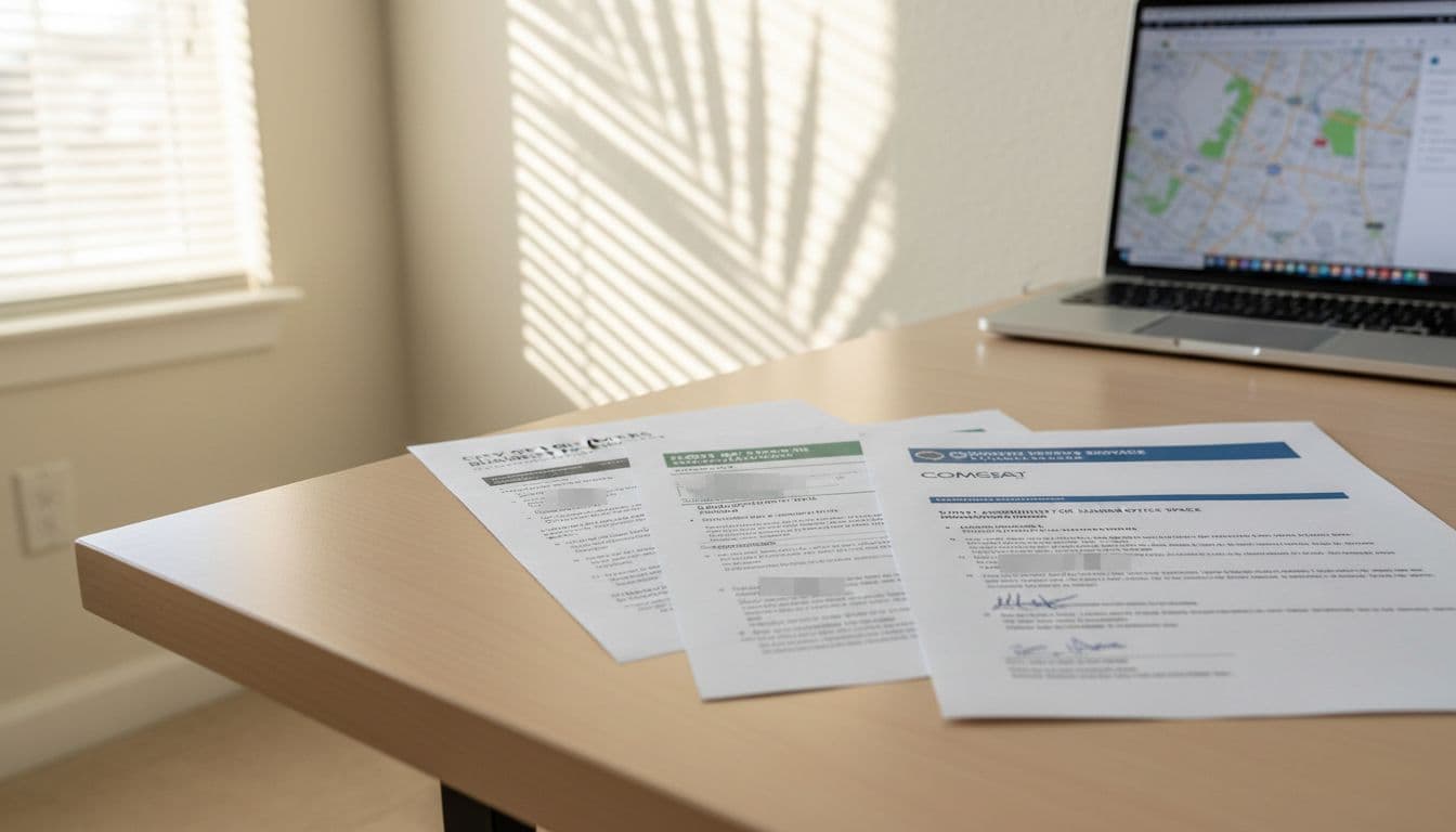 Photorealistic close-up of proof documents like business license, utility bill, internet bill, and lease agreement on a desk in a Fort Myers home office with natural light, palm fronds shadows, and blurred laptop map in background. Conveys professional readiness for Google Business Profile appeal in a clean coastal Florida setting.