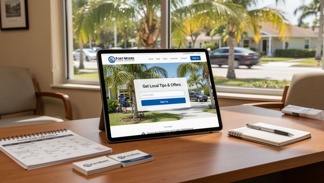 Bright photorealistic image of a tablet displaying a simple email signup popup for Fort Myers local home services tips and offers, on a desk in a cozy clinic waiting room with scheduling calendar, business cards, and sunny neighborhood view through window with palm fronds.