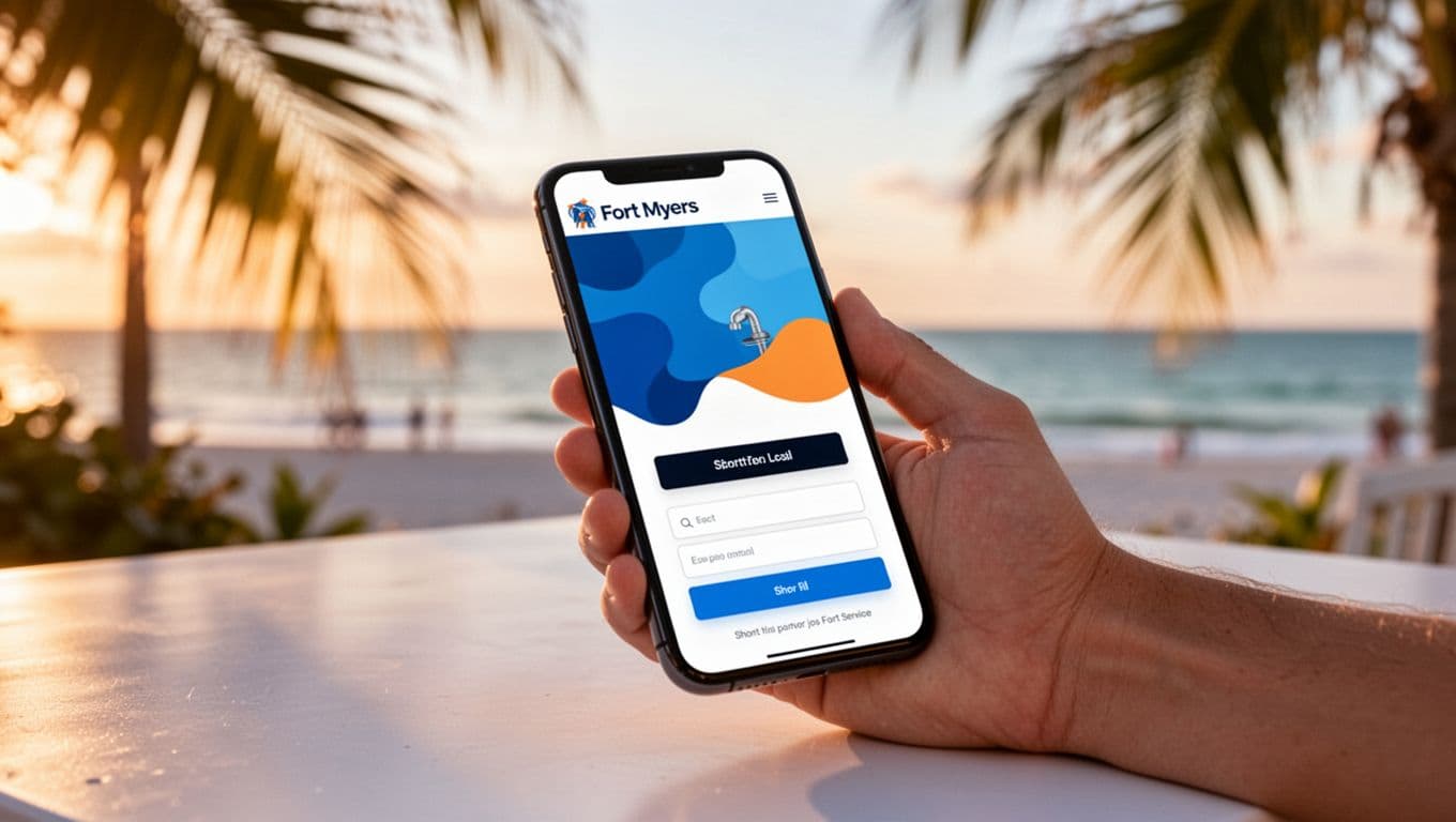 Photo-realistic landscape of a smartphone held naturally in one hand on a sunny outdoor table near palm fronds, screen displaying abstract above-the-fold hero section of a Fort Myers local service website like HVAC or plumbing. Blurred coastal sea and sky background with vibrant blues, oranges, and golden hour sunlight.