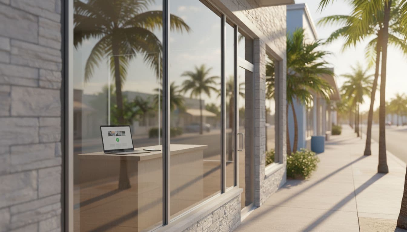 Photorealistic street-level exterior of a modern small business storefront in Fort Myers, Florida, with subtle coastal vibe, palm trees, warm sunlight, laptop through window, and smartphone on counter.