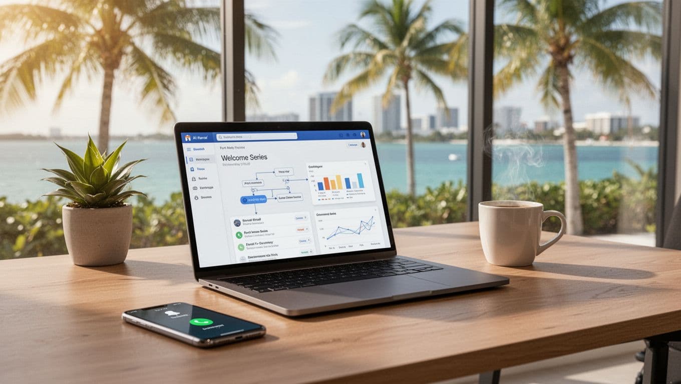 Photorealistic scene of a modern small-business office desk in Fort Myers, Florida, with a laptop displaying an email marketing dashboard, smartphone, potted plant, and steaming coffee mug, overlooking palm trees and Gulf waters.