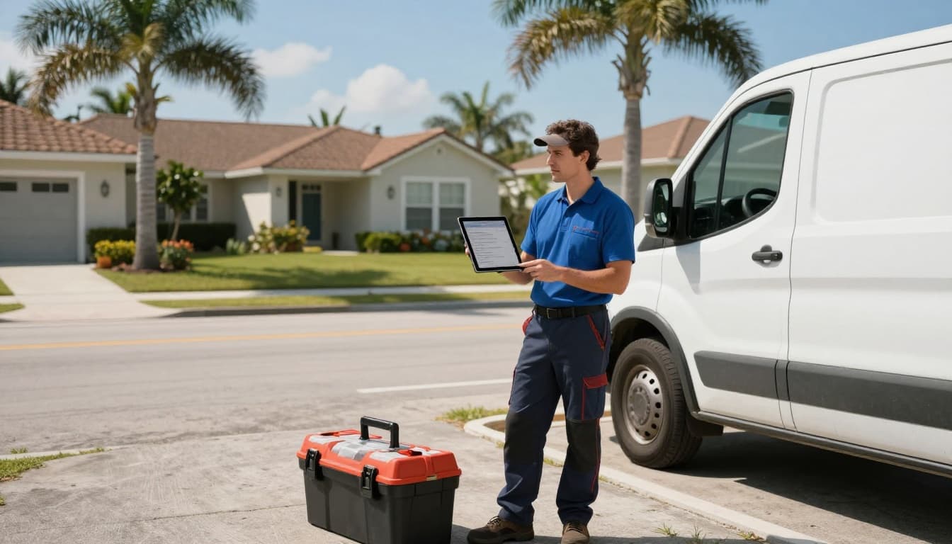 Realistic photo of a plumber beside his Fort Myers work van parked near a Cape Coral suburban home, holding a tablet with a blurred keyword search screen angled away, toolbox on the ground, sunny Florida day with palm trees.