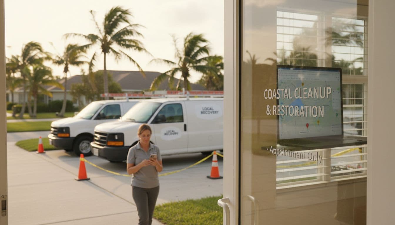 Photorealistic high-resolution landscape of a home-based service business exterior in Fort Myers, Florida, during mild post-storm recovery weather. Small business owner stands outside checking phone near palm trees, utility vehicles, and partially open hurricane shutters in warm golden hour coastal light.