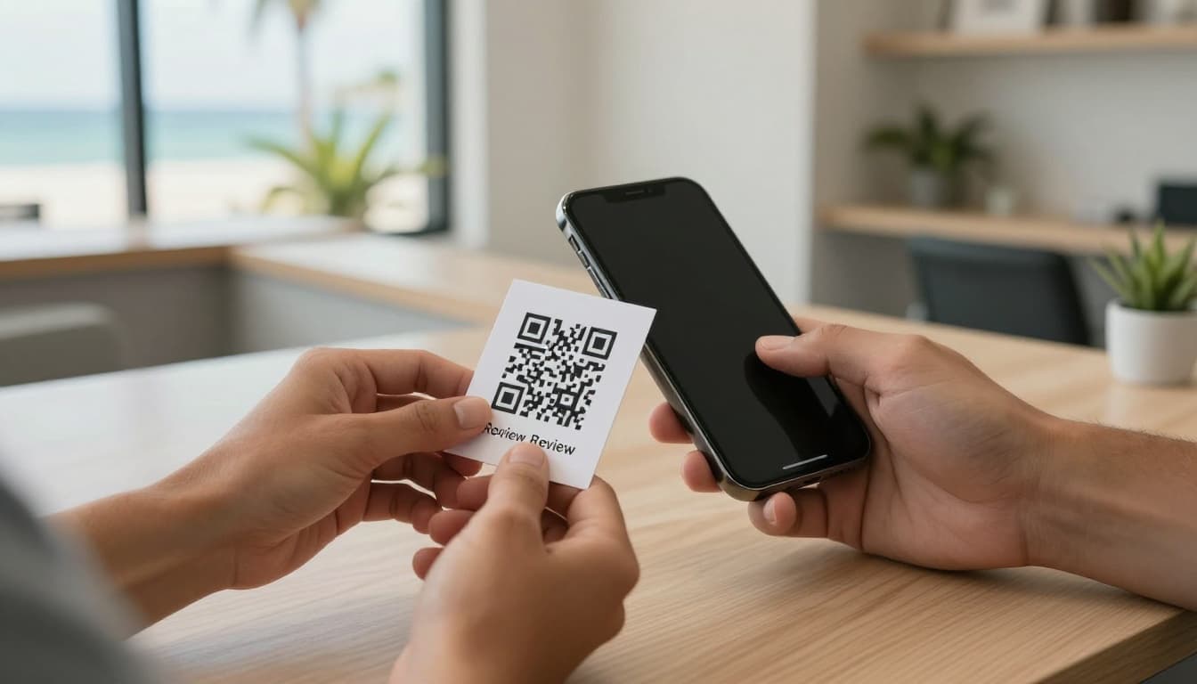 Photorealistic scene in a bright modern Fort Myers small business reception where a staff hand offers a premium QR review card to a customer scanning it with a smartphone. Warm Florida daylight illuminates the neutral-toned space with light wood and plants, focused sharply on hands, card, and phone against a softly blurred background.