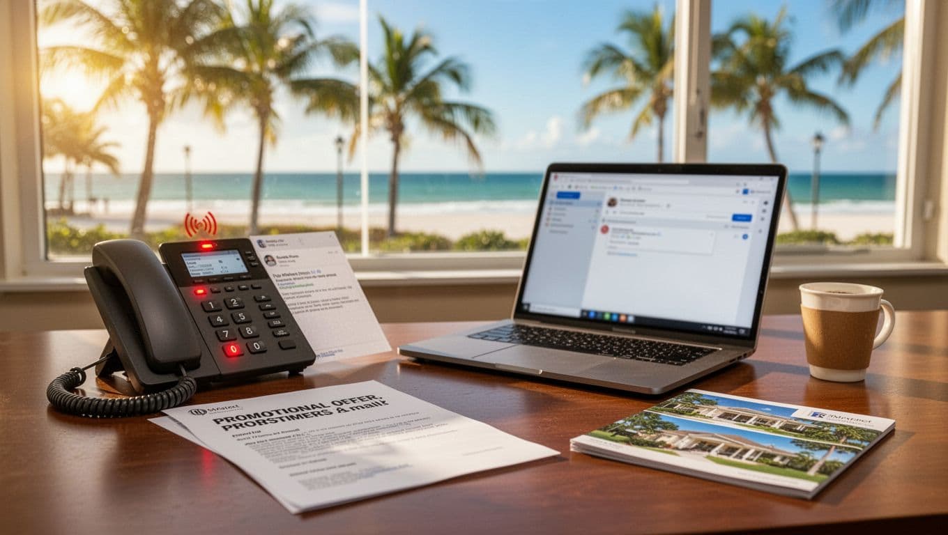 Photorealistic landscape image of a bright real estate office desk in Fort Myers during business hours, showing a ringing desk phone, blurred email printout and laptop screen, coffee cup, property brochure, and window view of beachfront palms and ocean under clear blue sky.