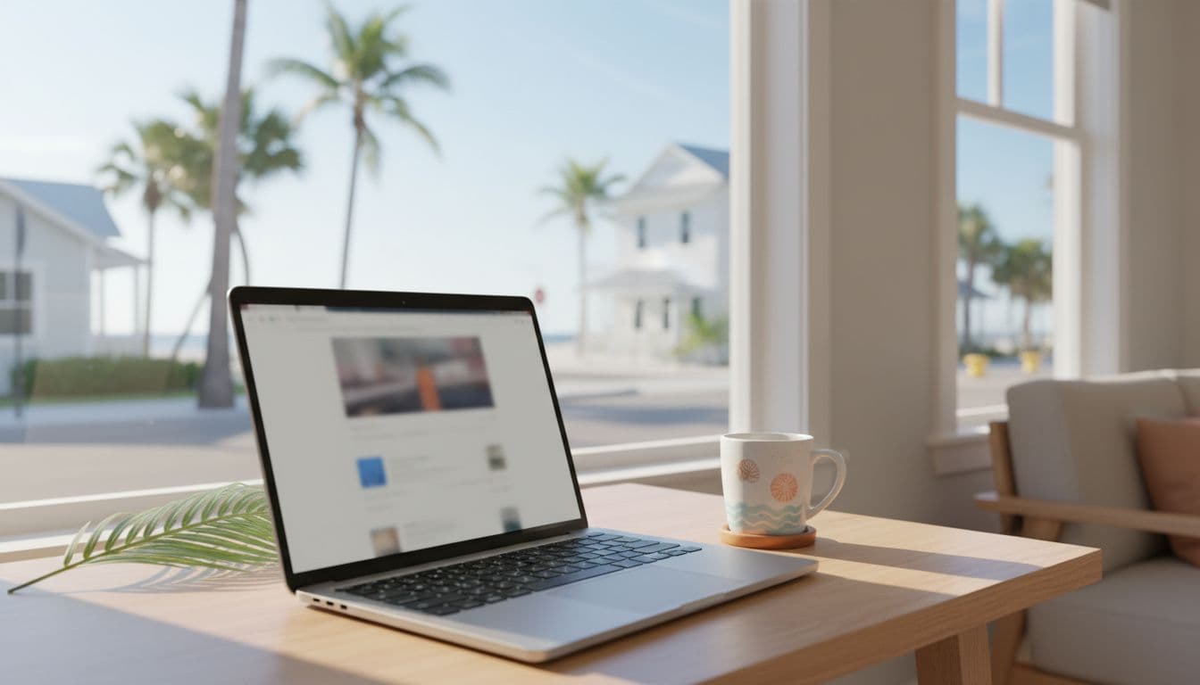 Photorealistic high-resolution image of a modern small business office in Fort Myers, Florida, featuring a laptop open to a blurred Google Business Profile dashboard, surrounded by palm fronds, a beach-motif coffee mug, and a window view of a sunny coastal street with palm trees.