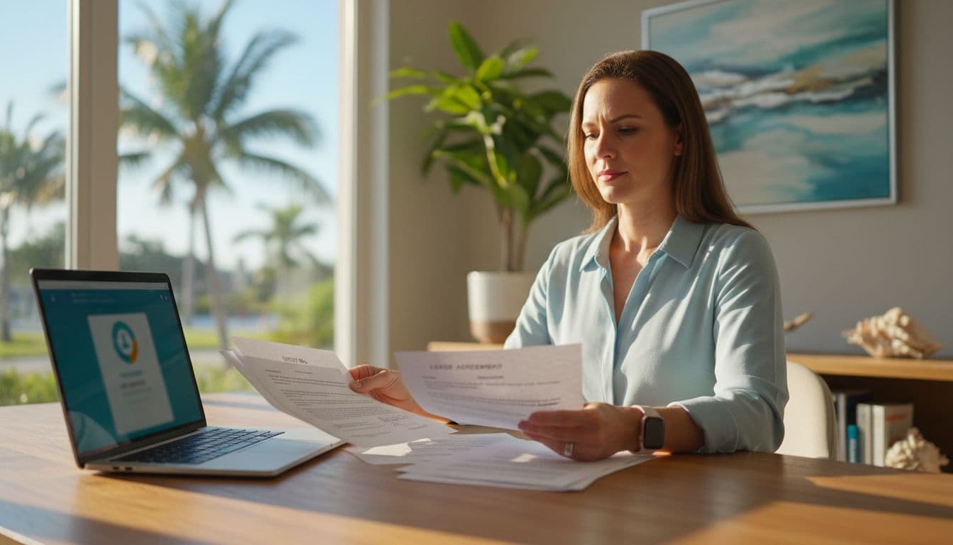 Photorealistic high-resolution image of a small business owner in a bright Fort Myers Florida office reviewing printed documents like utility bills business licenses and lease agreements next to an open laptop during profile verification soft coastal tones palm trees outside.