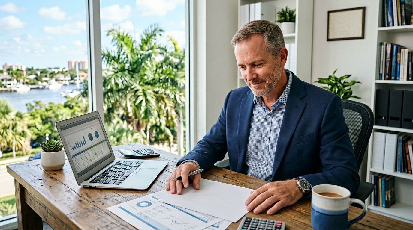 A middle-aged small business owner in casual business attire sits relaxed at a wooden desk in a bright Fort Myers office, reviewing financial reports on a laptop and paper statements, with palm trees visible through the window and a coffee mug nearby.