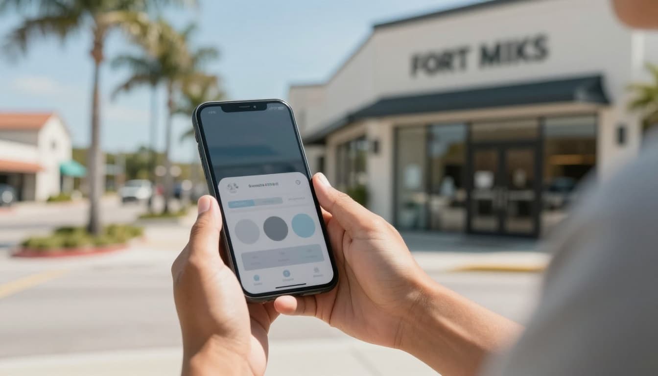A photorealistic image of a modern small business storefront in Fort Myers, Florida, with palm trees in the background. The relaxed business owner holds a smartphone displaying a generic marketing dashboard interface, captured in professional commercial photography style with shallow depth of field.