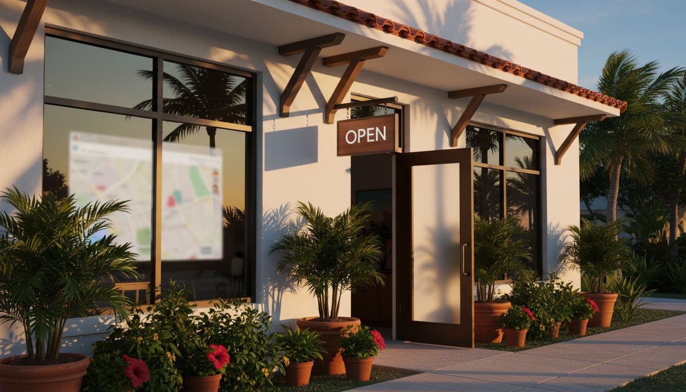 Photorealistic high-resolution landscape of a Fort Myers business storefront exterior during golden hour, with clean signboard, subtle blurred Google Maps reflection on window, tropical plants, palm shadows, and inviting entrance.