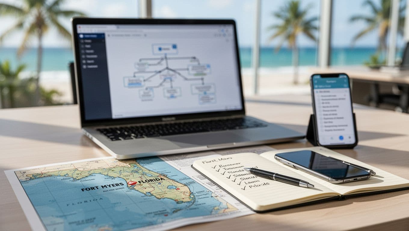Close-up desk scene in a sunny Fort Myers office with an open laptop showing a blurred sitemap diagram, printed Florida map marked at Fort Myers, open notebook with checklist, pen, and propped smartphone. Photorealistic image with bright natural light, coastal blue tones, and shallow depth of field.