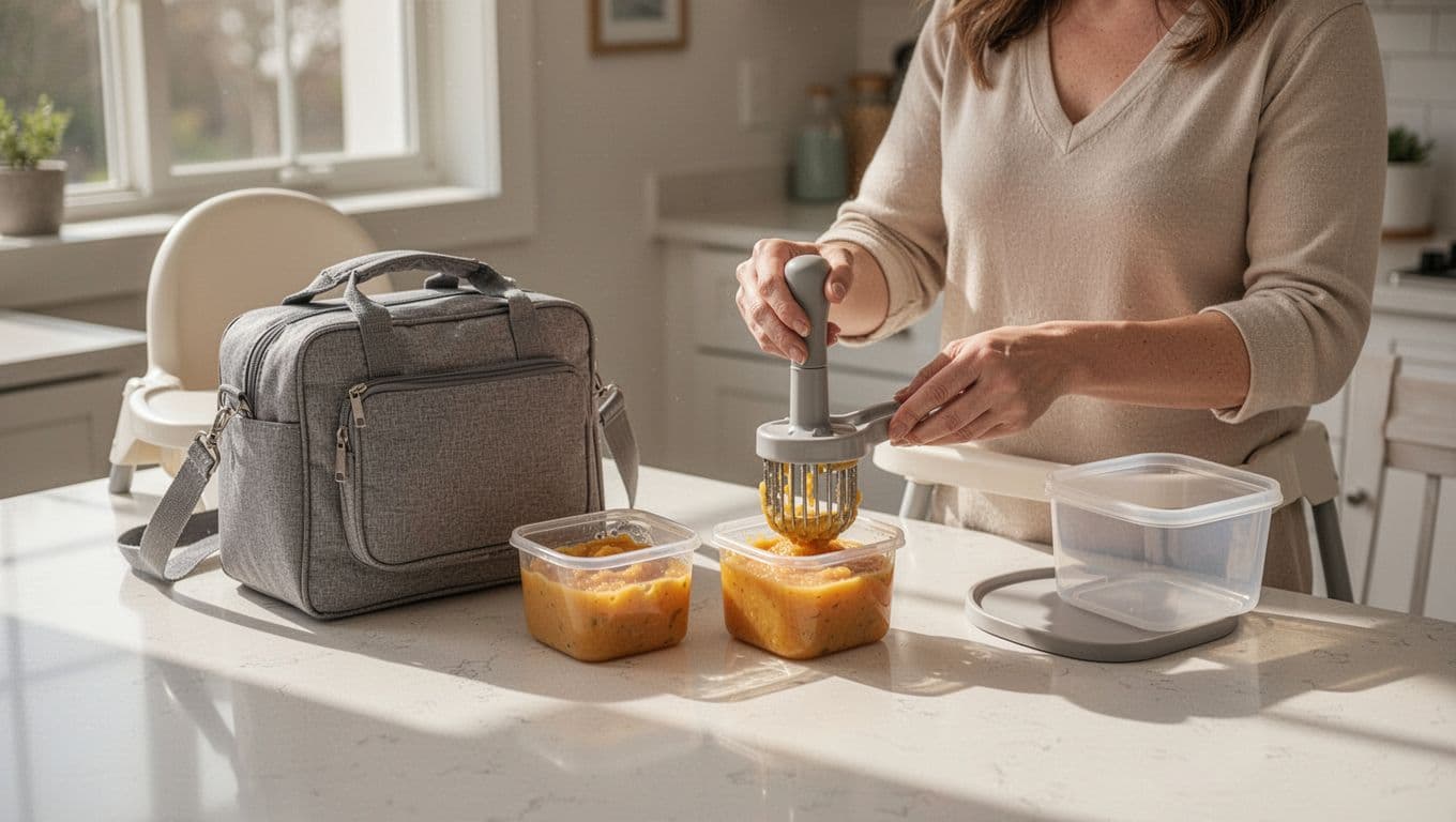 Mother preparing baby food beside a feeding seat and daycare lunch supplies.