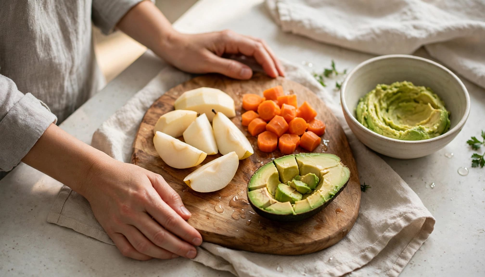 Adult hands prepare pear, carrot, and avocado on a cutting board.