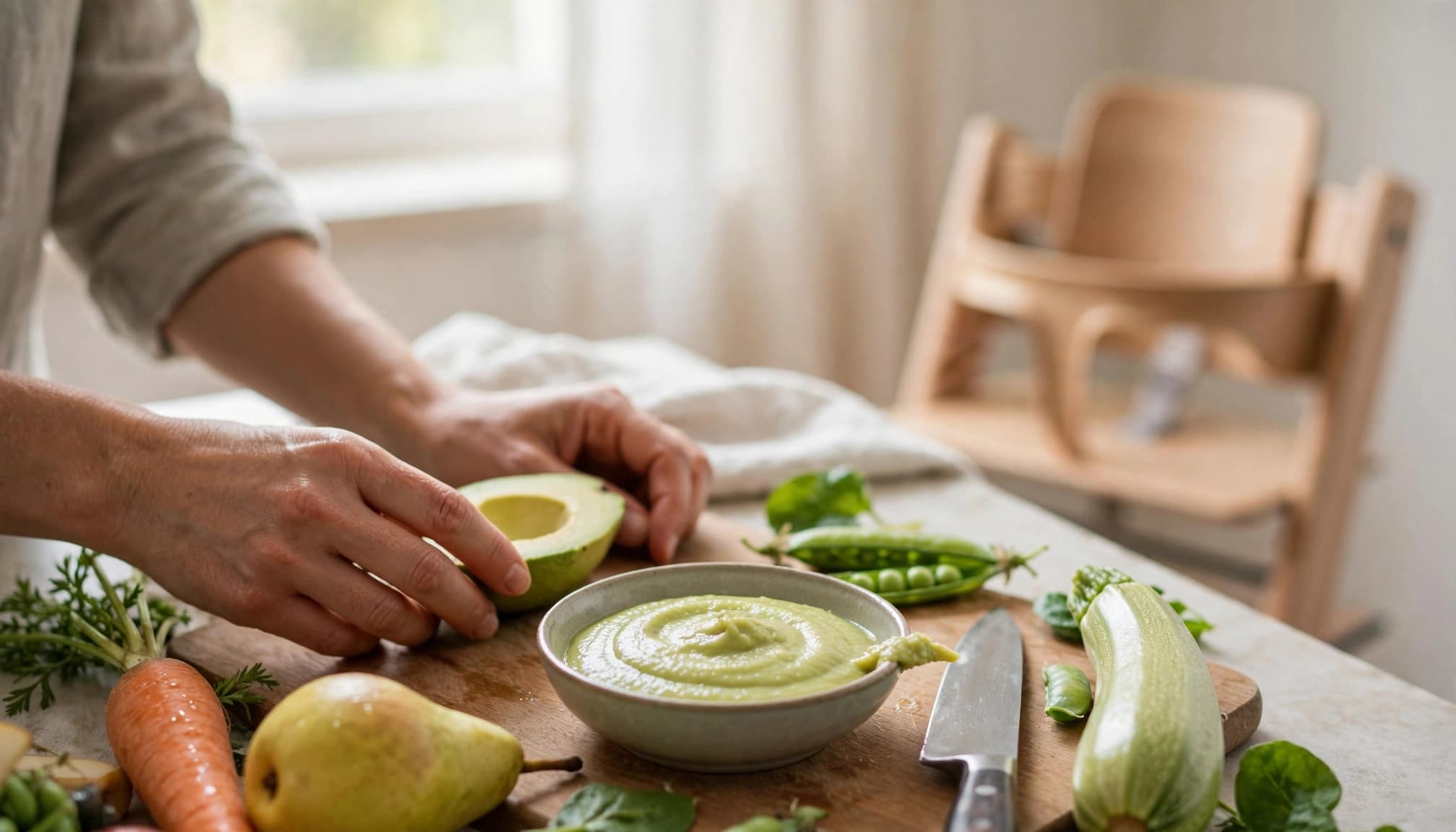 A parent prepares fresh produce beside a bowl of homemade baby food.
