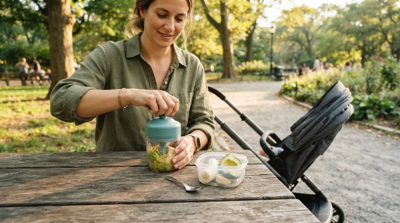 A parent prepares mashed banana and avocado beside a stroller in a sunny park.