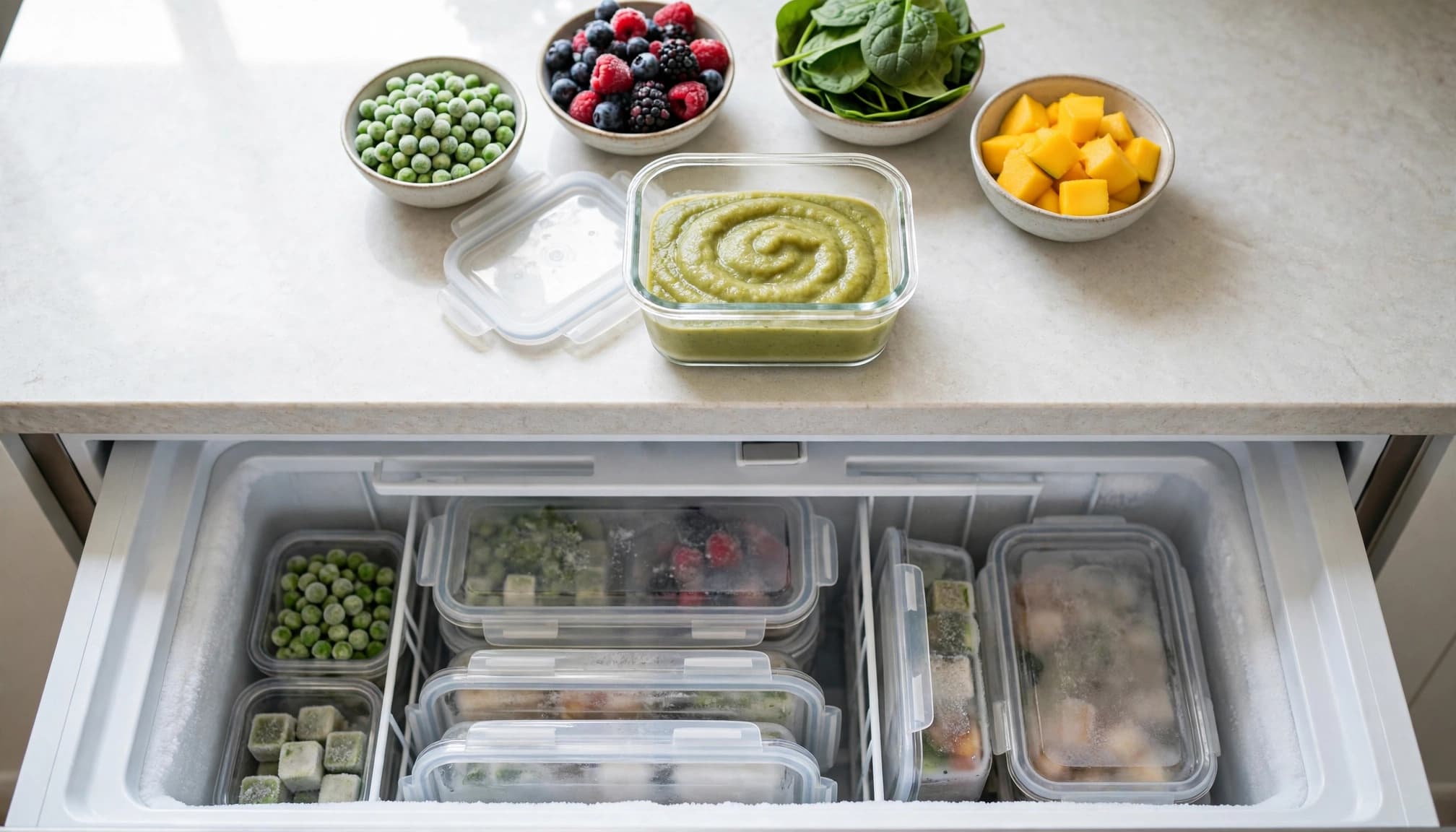 Frozen peas, berries, spinach, mango, and homemade baby puree beside an open freezer drawer.