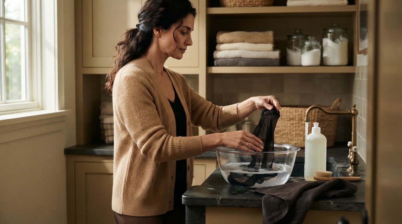 Woman gently washing black hosiery in a clear basin beside folded towels.