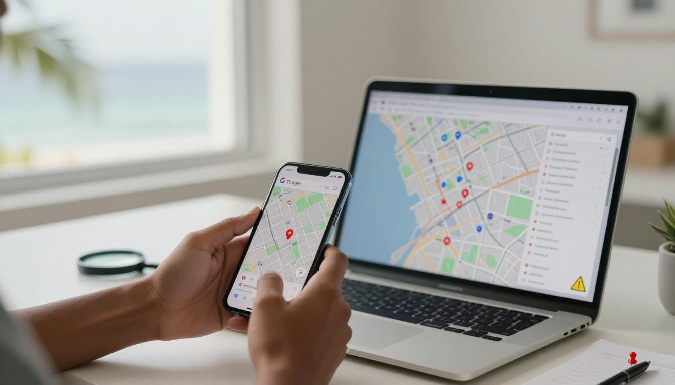 Photorealistic documentary-style scene of hands holding a smartphone with Google Maps interface and pointing at a laptop displaying spam warnings on map markers, set in a bright modern Fort Myers office with coastal Florida vibes.