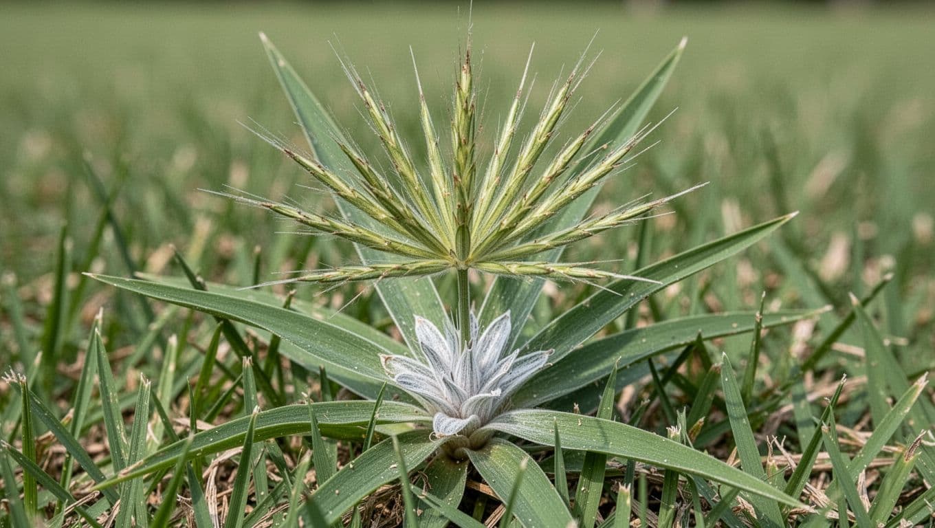 Macro botanical image of goosegrass (Eleusine indica) in centipede grass lawn, featuring whitish crown, rosette growth, smooth leaves, and digitate seedhead for weed identification.