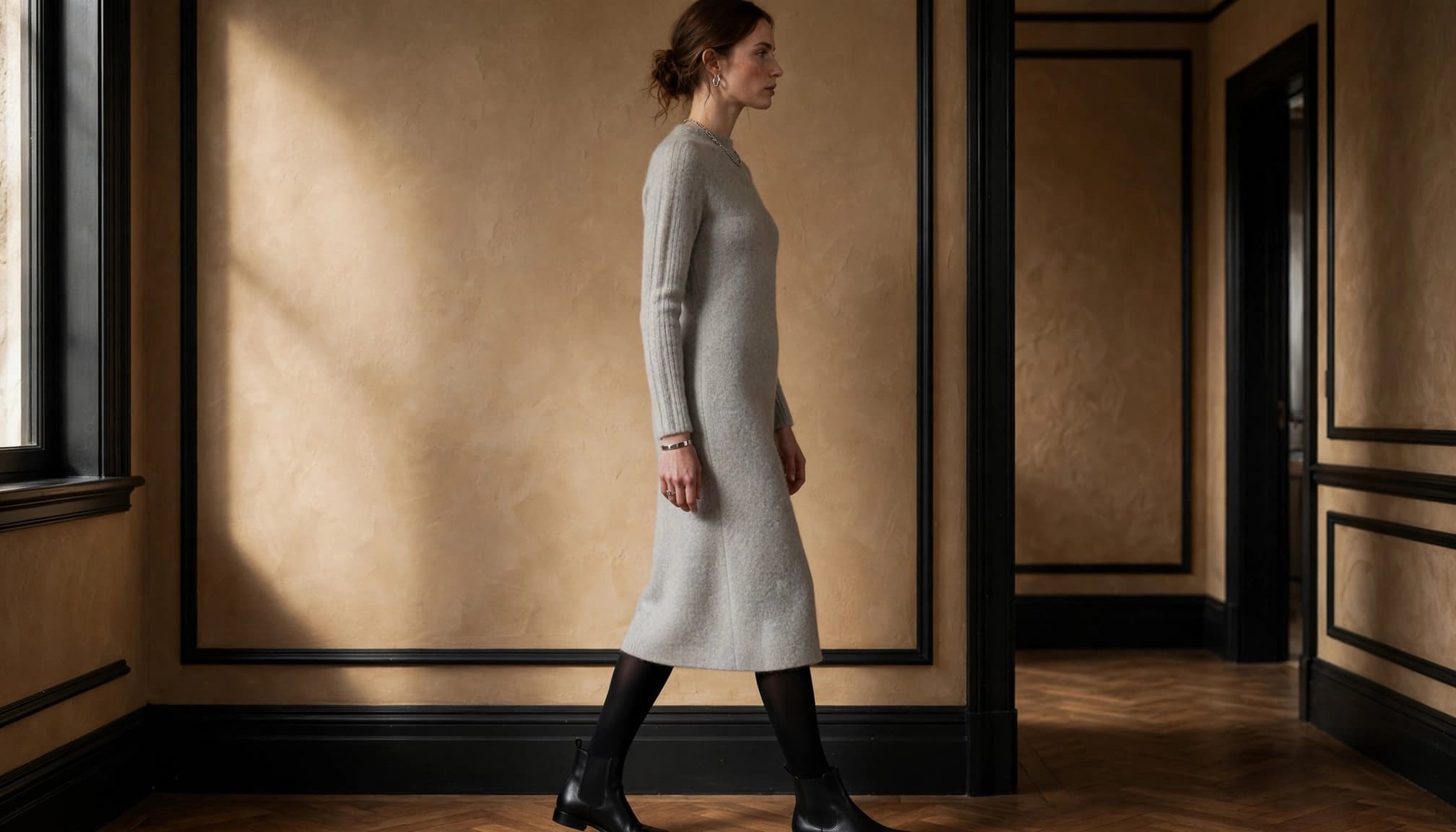 A woman in a gray dress and black tights stands in a warmly lit hallway.