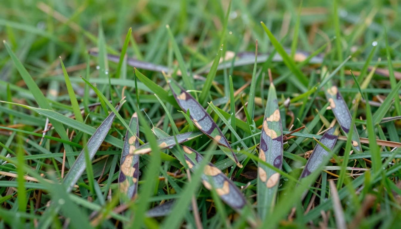 Ultra-realistic macro photo of gray leaf spot disease on St. Augustine grass lawn in hot humid Atlanta summer, showing narrow rectangular gray-tan lesions with dark purple-brown margins on leaf blades and thinning patches in the turf.