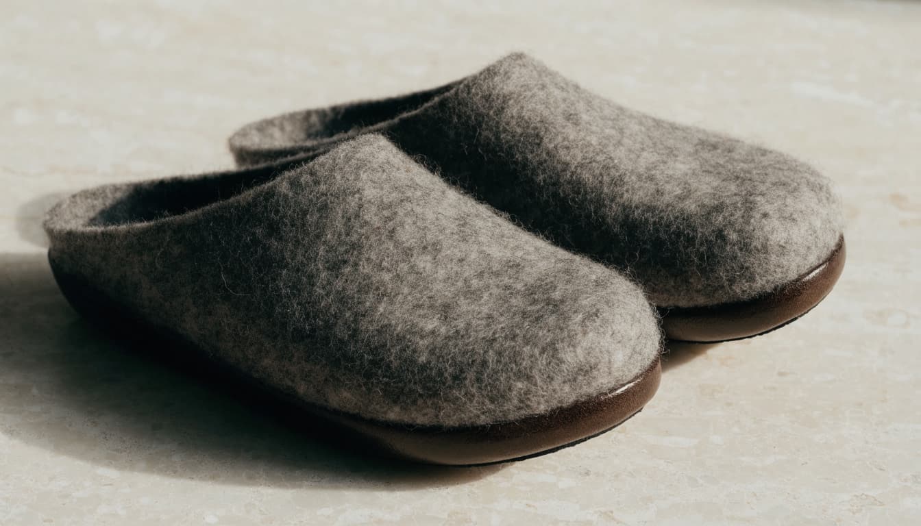 Grey felted-wool slippers with dark brown soles sit on a pale stone surface.