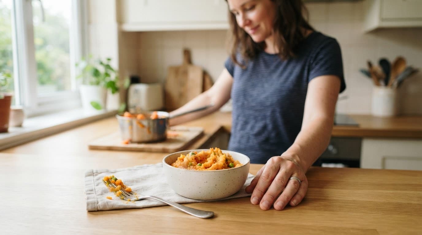 A mother mashes soft vegetables with a fork in a small baby bowl.