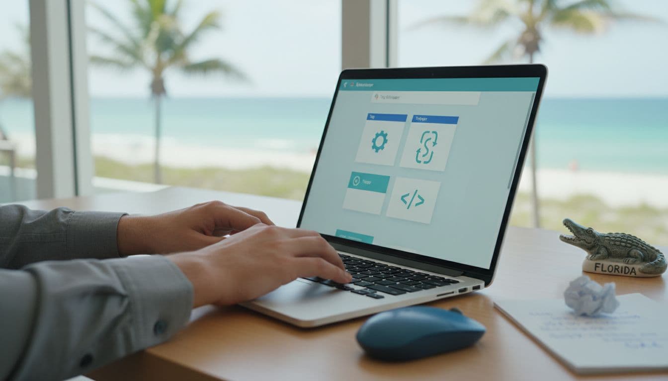 Photorealistic landscape image of hands typing on a laptop keyboard in a modern Fort Myers office, featuring an ocean view with palm fronds and natural light. The softly blurred laptop screen displays an abstract Google Tag Manager interface with icons, alongside desk items like GA4 notes, mouse, and Florida souvenir in blues and teals.
