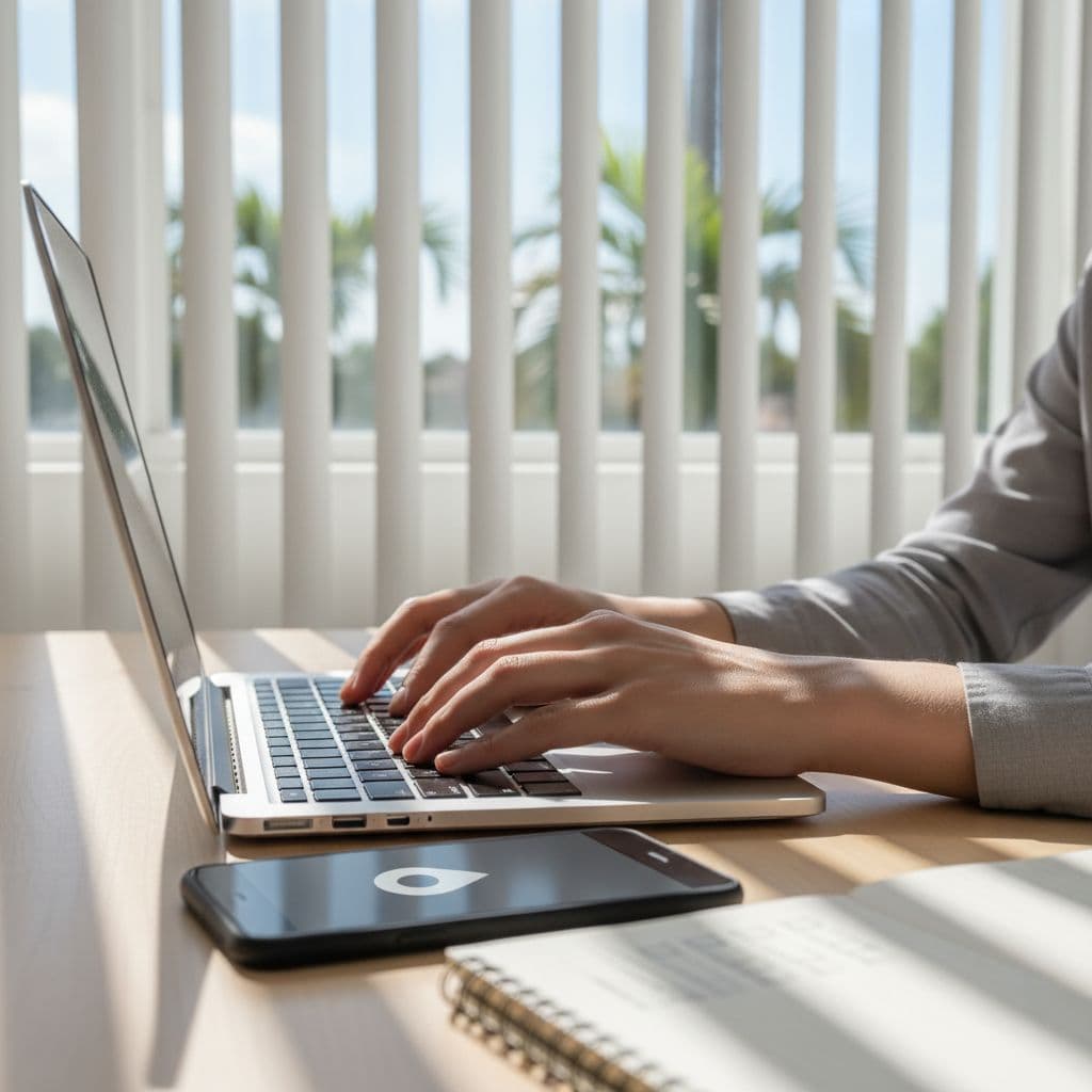 Photorealistic close-up of hands typing on a laptop keyboard in a bright, organized Fort Myers workspace, featuring a nearby smartphone with blurred map pin and notebook with checklist, illuminated by natural Florida daylight through blinds.