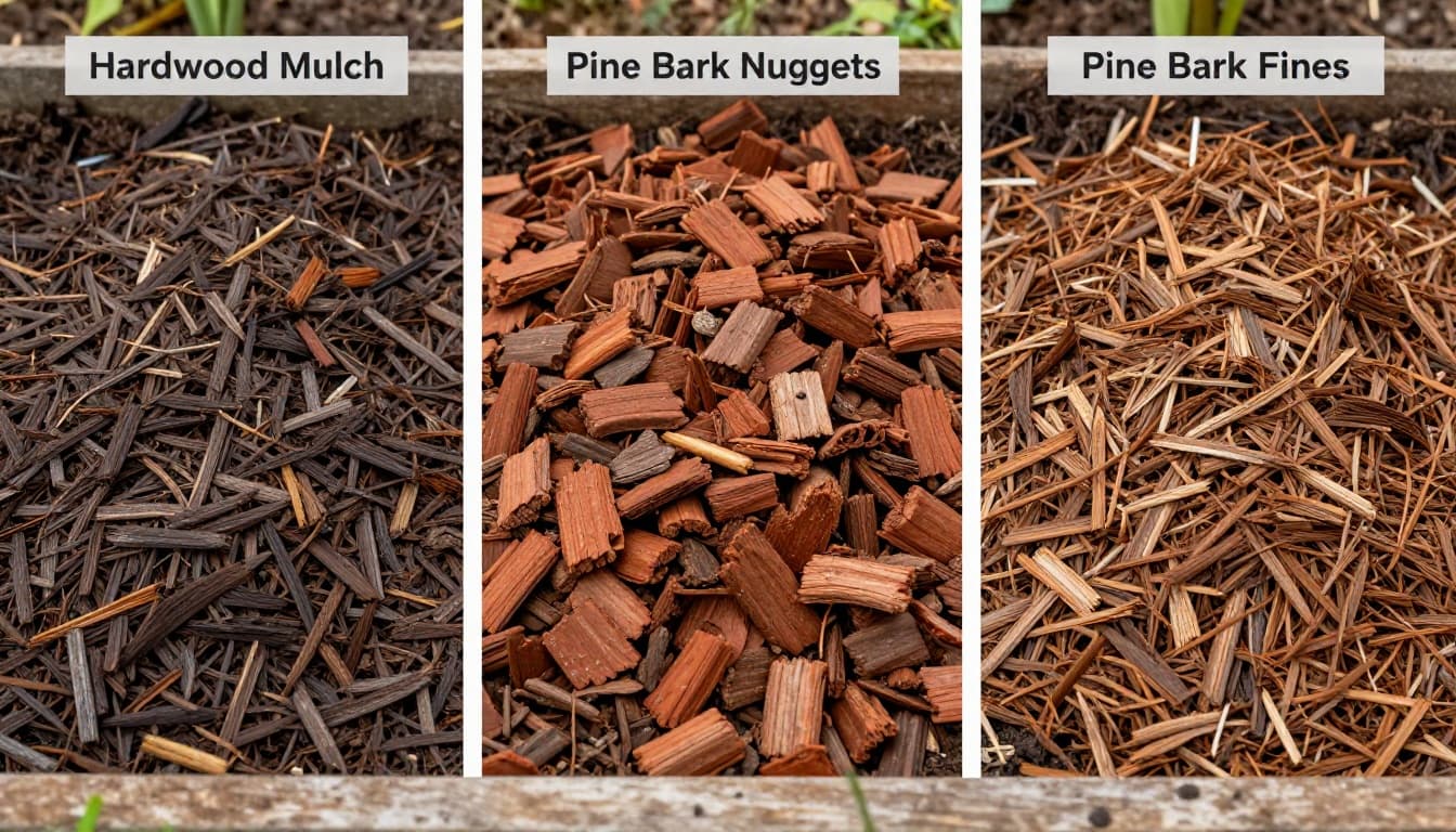Detailed close-up comparison of three mulch types—hardwood mulch (fine dark brown shreds), pine bark nuggets (reddish irregular chunks), and pine bark fines (smaller pieces)—spread 3 inches deep on Georgia clay soil patches in a garden bed.