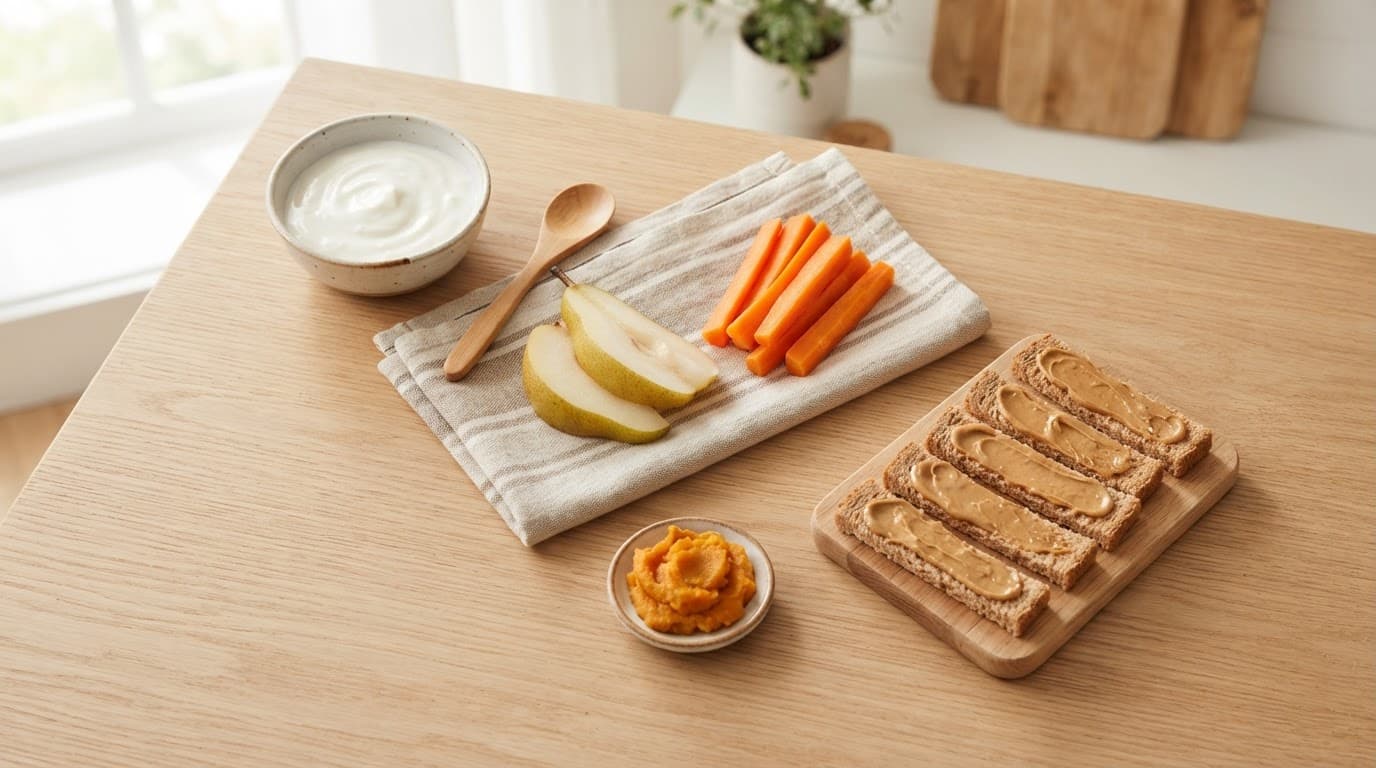 Baby-friendly snacks arranged on a wooden table with yogurt and toast.